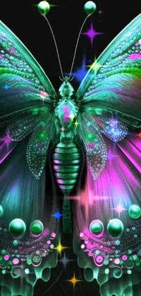 This mobile live wallpaper showcases a vivid butterfly with bubbles on its wings, set against a colorful and lively psychedelic background in shades of green and pink