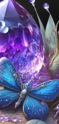 Get mesmerized by this magical phone wallpaper! A stunning purple and blue diamond sits at the center, smothered with fluttering butterflies in a crystal cubism style