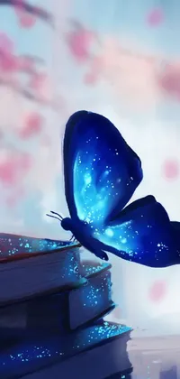 Get lost in the magic of this stunning live phone wallpaper showcasing a beautiful blue butterfly resting on a stack of books