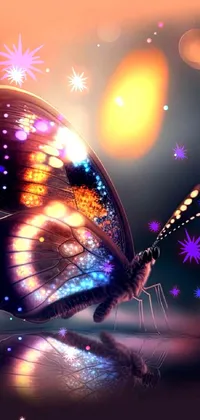 This incredible live wallpaper for your phone features a digital rendering of a stunning butterfly perched on a table