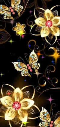 Add a touch of elegance to your mobile device with this stunning live wallpaper featuring a black background with gold flowers and butterflies