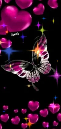 This phone live wallpaper is a stunning creation that features a beautiful composition of black background with delicate pink hearts and a captivating butterfly