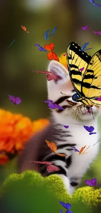 This live phone wallpaper showcases a charming image of a kitten with a butterfly perched on its head