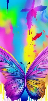 This phone live wallpaper showcases a colorful illustration of a butterfly on a vivid background, inspired by airbrush painting techniques