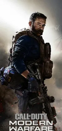 This exciting live phone wallpaper features a modern warfare scene with a brave soldier holding a rifle on top of a realistic poster