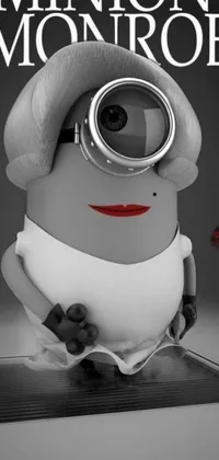 This live wallpaper features a black and white photograph of a popular cartoon character from the 'Despicable Me' franchise, along with images of trendy items like lipstick