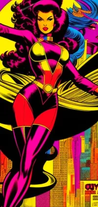 This phone live wallpaper features a superheroine poster with vibrant colors and a pop art aesthetic