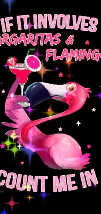This phone live wallpaper features a pink flamingo holding a martini in its beak and set against a dark, fiery background
