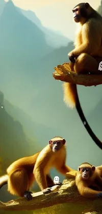 This phone live wallpaper showcases a group of playful monkeys in a lush jungle setting