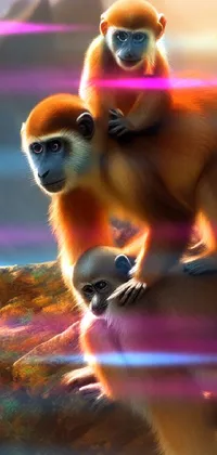 This lively phone live wallpaper showcases two adorable monkeys perched atop a rock