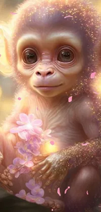 This stunning phone live wallpaper showcases an incredibly beautiful painting of a cute and charming monkey holding a colorful flower
