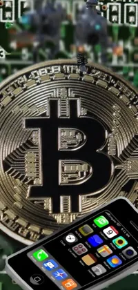 This live wallpaper is a stunning visual display featuring a bitcoin nestled atop a circuit board in high contrast hues