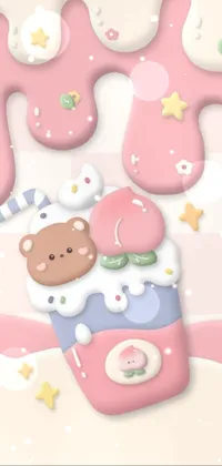 This phone live wallpaper showcases a close-up of a cell phone with a cute teddy bear sitting on it, painted in a colorful digital style