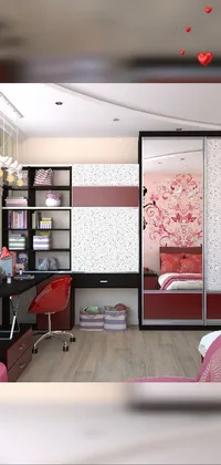 This live phone wallpaper features a contemporary, pink and red-colored bedroom with a modern white bed and desk
