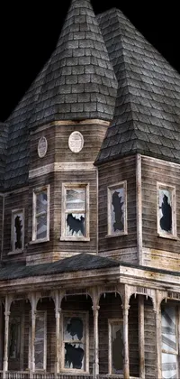 This phone live wallpaper features a digital rendering of a highly detailed, haunted house interior on a black background
