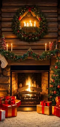Enjoy this wallpaper of a stunning fireplace with Christmas decorations and presents that you can download and apply on your phone&#39;s screen