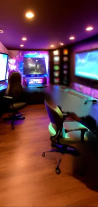 Looking for a bold and stylish live wallpaper for your phone? Try this gaming room theme that features multiple monitors, purple accent lighting, and video game consoles