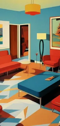 This phone live wallpaper features a cozy living room filled with retrofuturistic furniture and a vibrant pop art painting on the wall