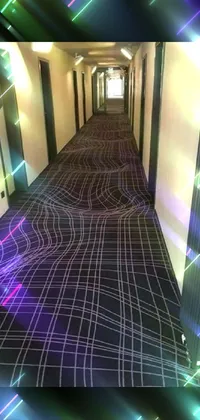 Looking for a unique live wallpaper for your phone? Check out this captivating design featuring a long hotel hallway with intricate purple and black carpeting