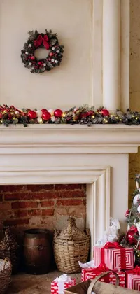 This phone live wallpaper showcases a stunningly decorated Christmas tree in front of a cozy fireplace