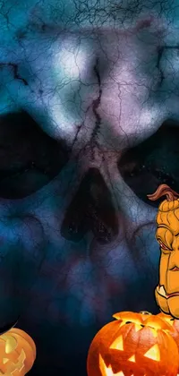 This Halloween-themed live wallpaper features a close-up shot of a scary pumpkin on a dark blue tenebrous background with a mysterious skull lurking in the distance