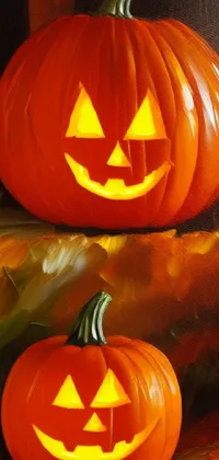 Get into the Halloween spirit with this live wallpaper featuring two glowing carved pumpkins! The close-up details of the airbrushed painting give a realistic look to the traditional autumnal symbols