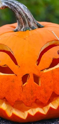 This stunning phone live wallpaper features a spooky Halloween scene with a beautifully carved pumpkin sat atop a natural stone