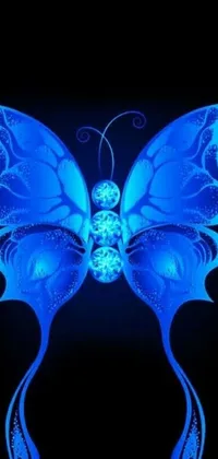 This stunning phone live wallpaper features a blue butterfly set against a black background