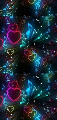 Get your phone looking stylish with this colorful live wallpaper featuring a black background, lively hearts, and vibrant music notes