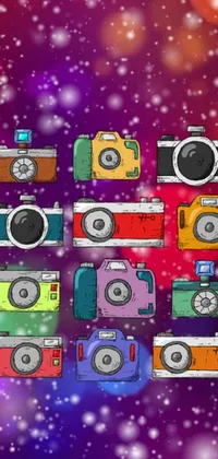 This phone wallpaper showcases a stack of cameras arranged in a vibrant, pop art style