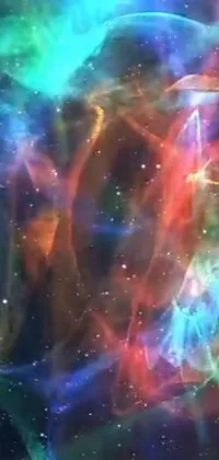 This space-themed live wallpaper features a holographic image of a group of people soaring through outer space, set against a colorful backdrop of whirling smoke, torn nebulas and radiant colors