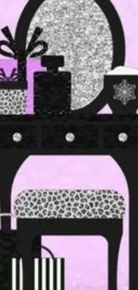 This mesmerizing live wallpaper showcases a table with a chair and a mirror in a pop-art style with a captivating purple and black color scheme and a scrapbook paper collage