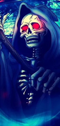 This phone live wallpaper showcases a frightening sketch of a skeleton clutching a scythe, with a digital comic-style effect that captivates viewers