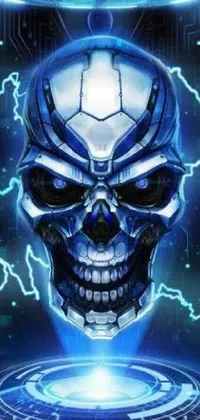 This live wallpaper features a close-up of a detailed and lifelike skull with a blue android eyes that appear to be glowing
