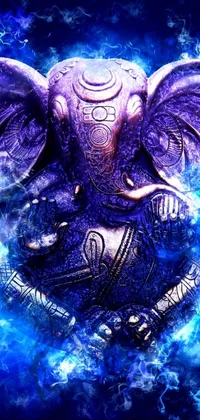 This live phone wallpaper features an intricate digital art rendering of a majestic elephant statue
