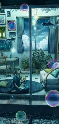 This phone wallpaper features a stunning digital art illustration of a young girl seated on the floor beside a captivating window