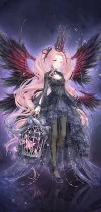 Photo phone wallpaper of a gothic artwork depicting a woman in a snowy landscape with spread-out wings and an elegant gown
