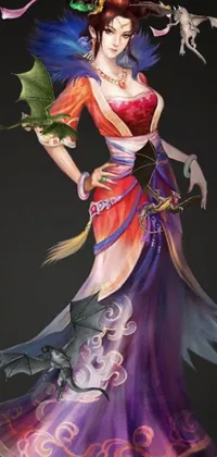 This enchanting live wallpaper depicts a woman in a flowing dress who holds a majestic dragon in her arms