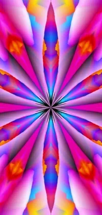 This live wallpaper showcases a beautifully vibrant and colorful design featuring a central flower with orange and yellow petals, swirling psychedelic patterns, a seven-pointed pink star, digital art, shades of blue and pink, and a background of deep purple and rich red hues