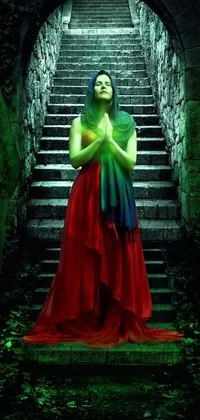 This gorgeous live wallpaper depicts a woman in a striking red dress standing on a staircase with a gothic-inspired statue