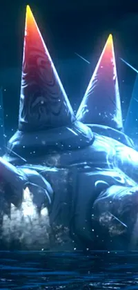 Become captivated by a phone live wallpaper depicting an enormous creature on a throne of glistening gems, floating atop a tranquil body of water