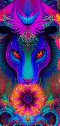 This live wallpaper features a vibrant and detailed painting of a cat with psychedelic elements and a lion body