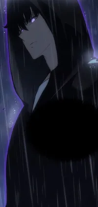 This mobile live wallpaper features a mysterious figure dressed in black wizard robes surrounded by a rainy cityscape