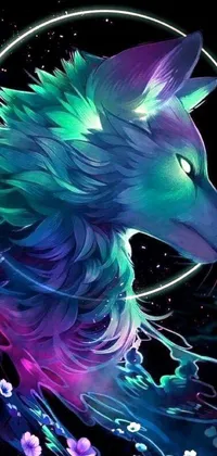 This phone live wallpaper features a stunning image of a floating wolf with furry art detailing, rendered in high definition anime style