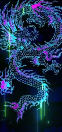 This stunning phone live wallpaper features a vibrant neon dragon in a vector art style that pops against its black background