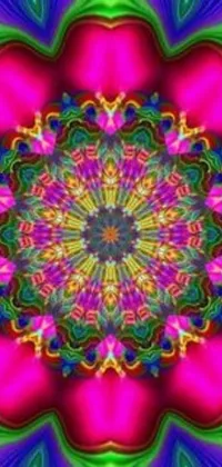 This live wallpaper shows a computer-generated flower lying on a psychedelic mandala backdrop
