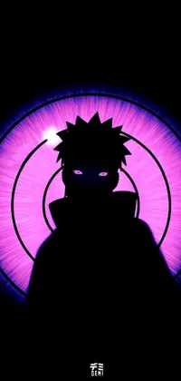 This stunning live wallpaper depicts a person standing before a vibrant purple light, with circular eyes and a black silhouette