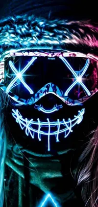 This phone live wallpaper showcases stunning cyberpunk digital art with neon masked person
