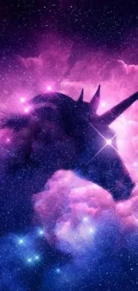 This phone wallpaper features a magical unicorn soaring through a bright blue sky surrounded by a techno-mystical aura