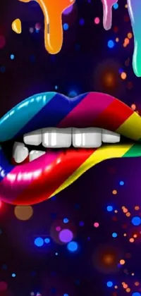 This live wallpaper for your phone displays a vibrant close-up of a mouth with a rainbow tongue in vector art style